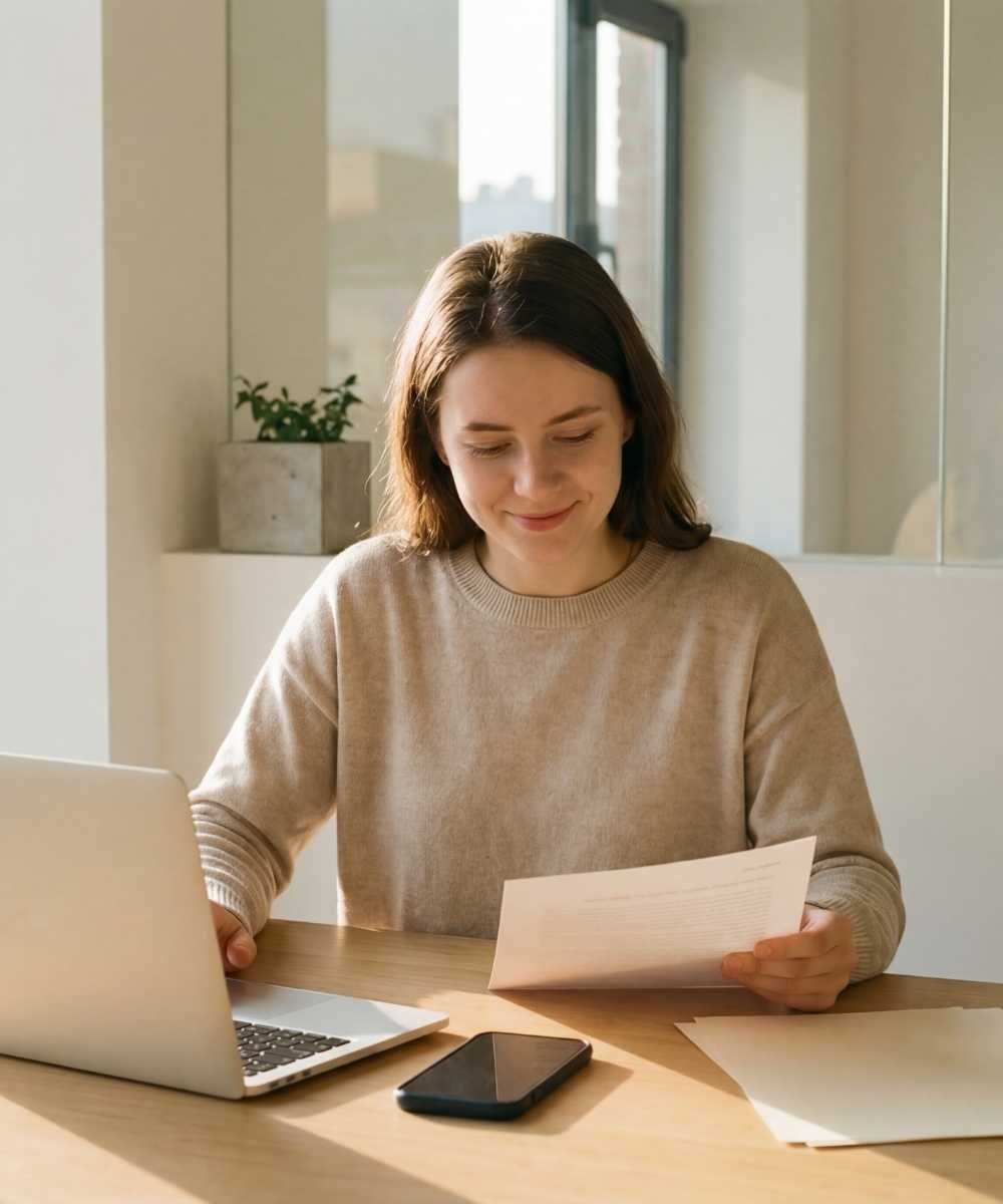 A woman sitting at her kitchen table, smiling while reviewing paperwork on a laptop.
